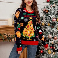 2025Women's Casual Loose Lazy Style Sweater Christmas Tree Color Block Jacquard Christmas Sweater Gift