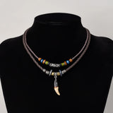 Vintage Men's Wolf Tooth Pendant Necklace Double Layer Leather Rope Necklaces Ancient Tribe Prayer Beaded Choker Charm Chains