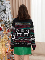 Women Christmas Knit Sweater Letter Deer Snowflake Print Long Sleeve Round Neck Pullovers Fall Winter Casual Jumpers Tops