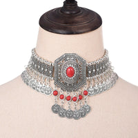 Ethnic Statement Collar Necklace for Women Choker Bohemian Vintage Hollow Geometric Crystal Rhinestone Beads Coin Tassel Jewelry