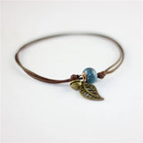 Vintage Bronze Leaf Small Bell and Colorful Flower Glazed Ceramic Bead Pendant Leather Rope Anklet Women Ethnic Style Bracelet