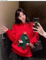 Autumn Winter Women Red Sweet Chic 3D Christmas Tree Knitted Sweater Casual O Neck Long Sleeve Pullover Tops Female Loose Jumper