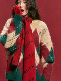 Spliced Christmas Hot Red Diamond Grid Top Checkered Round Neck Knit Long Sleeve Retro Sweater Women Street Design Loose Casual