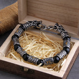 Black Stainless Steel Nordic Viking Norse Dragon Bracelet Men Wristband Cuff Bracelets with Viking Wooden Box