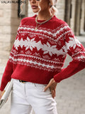 2025 Female Winter Casual Print Christmas Knitted Sweater Women O Neck Elegant Long Sleeve Pullover Autumn Lady Loose Jumper