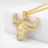 Fashion Animal Bull Head Pendant Necklace For Men Hiphop Iced Out Bling Micro Paved Red CZ Necklace Punk Rock Biker Jewelry