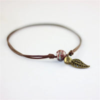 Vintage Bronze Leaf Small Bell and Colorful Flower Glazed Ceramic Bead Pendant Leather Rope Anklet Women Ethnic Style Bracelet