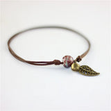 Vintage Bronze Leaf Small Bell and Colorful Flower Glazed Ceramic Bead Pendant Leather Rope Anklet Women Ethnic Style Bracelet