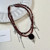 Luxurious Multi-Layer Red Beaded Flower Tassel Necklace Fashionable Choker High-End Clavicle Chain Jewelry Accessory