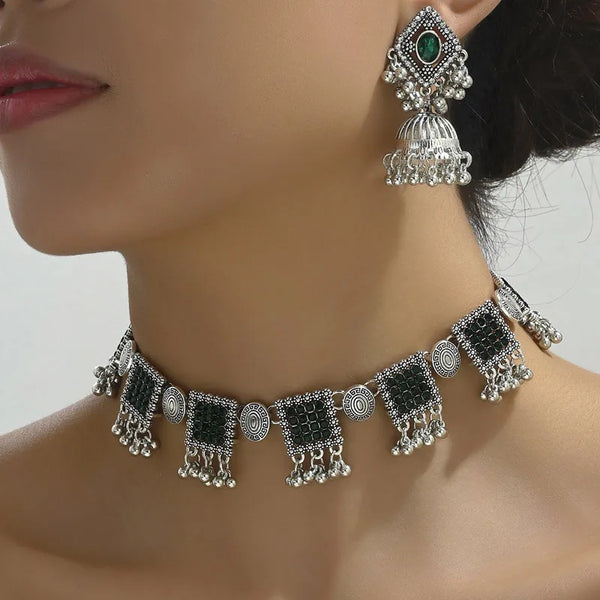 Vintage Jewelry For Woman Crystal Decoration Jewelry Sets Metal Beads Tassel Necklace Earrings Set For Women Gift