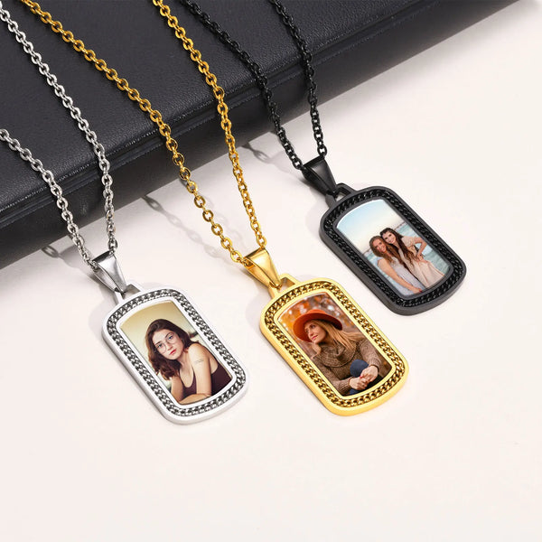 Men Personalize Engrave Name Square Customizable Photo of Family Necklaces, Picture Words Date Pendant,Keepsake Gifts Collar