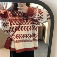 Retro Loose Casual Thickened Christmas New Year Geometric Pattern Women's Sweater Crew Neck Pullover Knitwear from Mainland Chin