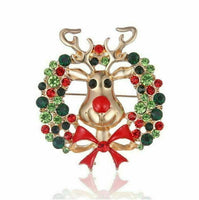 Stunning Diamonte Gold Plated Vintage Look Christmas Deer Wreath Brooch Pin B49B