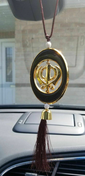 LARGE Plastic Gold Tone Stunning Khanda Punjabi Sikh Pendant Car Rear Mirror BRO