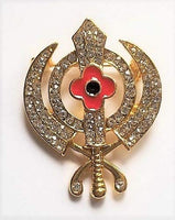 OnlineSikhStore Stunning Diamonte Gold Plated Sikh Rememberance Day Poppy Khanda Brooch Cake Pin Singh Turban Dumala