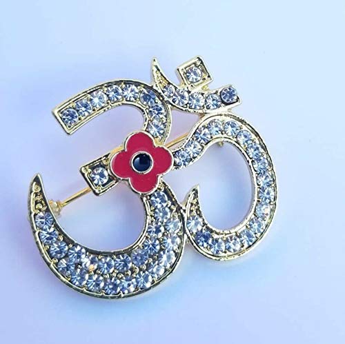 OnlineSikhStore Stunning Diamonte Gold Plated WAR Remembrance Day OM Poppy Hindu Brooch Pin Gift