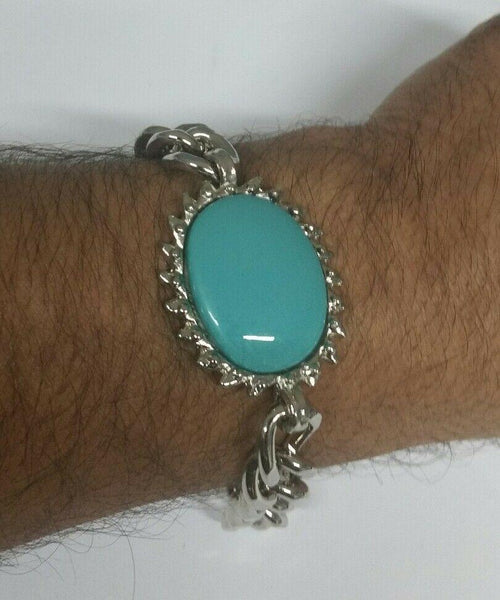 SALMAN KHAN Style Turquoise Green Stone Heavy Steel Bracelet 23cm Long - S8  | eBay