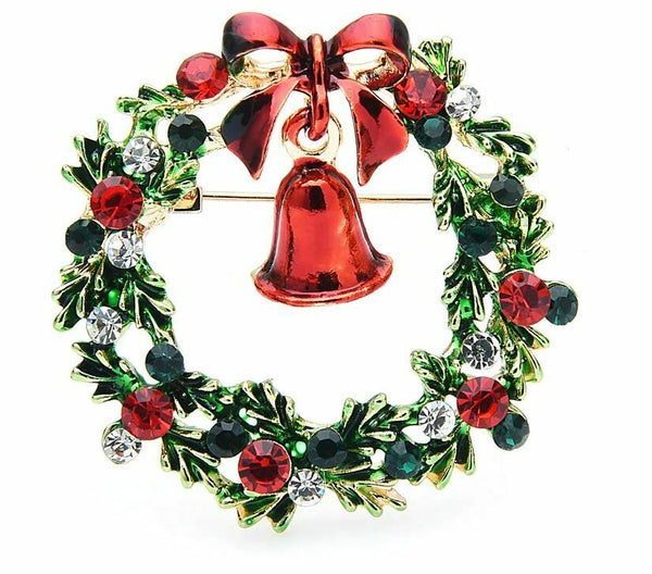 Stunning Diamonte Gold Plated Vintage Look Christmas Wreath Bell Brooch Pin B48Q