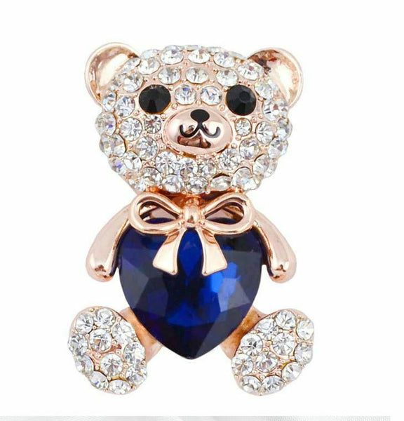 Stunning Vintage Look Gold plated Big Blue Love Heart Bear Brooch Broach Pin B58