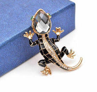 Vintage Look Gold Plated Black Lizard Brooch Suit Coat Gecko Broach Pin Collar G