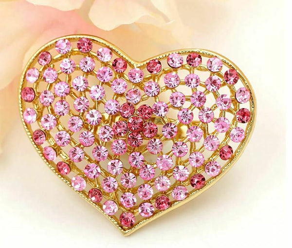 Vintage look gold plated pink stones heart brooch suit coat broach cake pin ao1