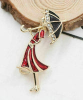 Vintage look gold plated red lady umbrella brooch suit coat broach pin collar u1