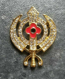 Stunning diamonte gold plated sikh khandapoppy khalsa singh kaur brooch pin gift