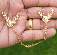 Reindeer collar cross chain brooch gold plated vintage look retro lapel pin k8