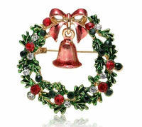 Stunning diamonte gold plated vintage look christmas bell wreath brooch pin b49g