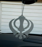 Large white acrylic khanda punjabi sikh pendant car rear mirror hanging in chain