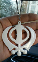 Large white acrylic khanda punjabi sikh pendant car rear mirror hanging chain