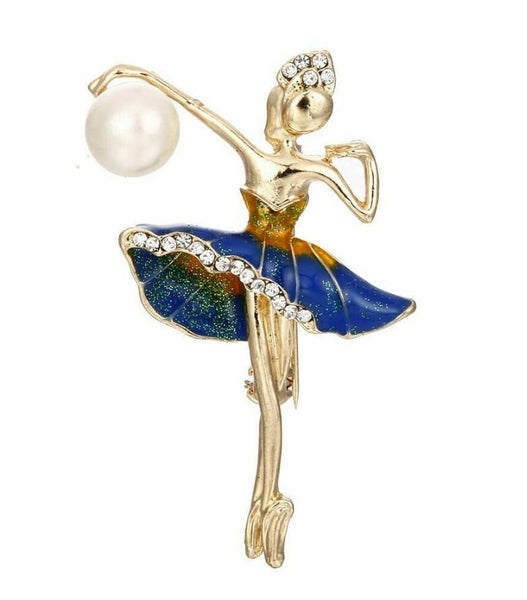 Vintage look gold plated dance girl lady brooch suit coat blue broach pin ha14
