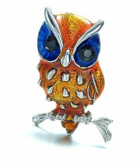 Stunning vintage look silver plated small owl blue eyes brooch broach pin z21