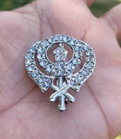 Khanda brooch silver plated stunning diamonte sikh pin singh kaur broach k61 new