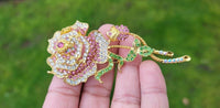 Pink rose brooch lucky vintage look gold plated celebrity broach queen pin s4
