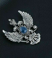 Vintage look silver plated double eagle design blue brooch broach crown pin b41